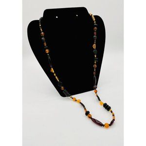 Glass Bead Necklace | 28"| Double Swan Clasp | Black Red Gold Tones | NEW